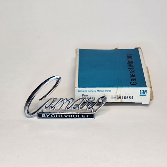 NOS GM Camaro “By Chevrolet” Emblem with Original Box – Part #3916654